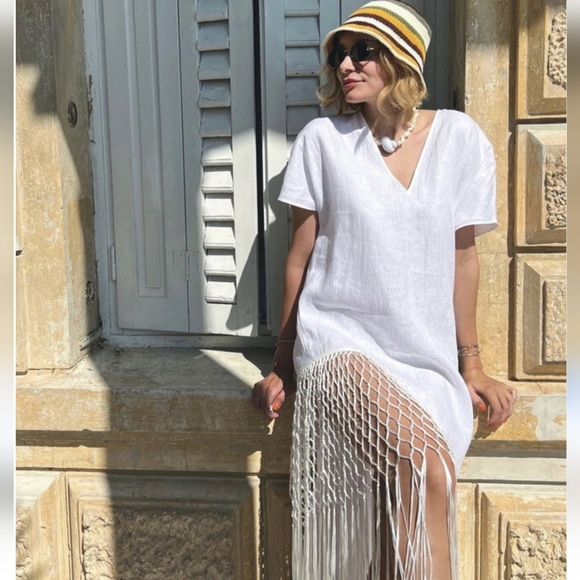 Zara 100% linen fringed macrame white dress Size M - Picture 7 of 17